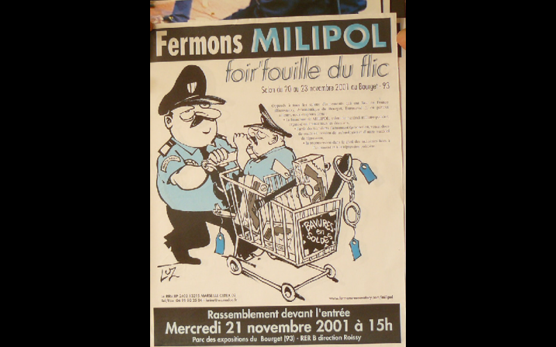 affiche contre salon Milipol, Paris, 2001 