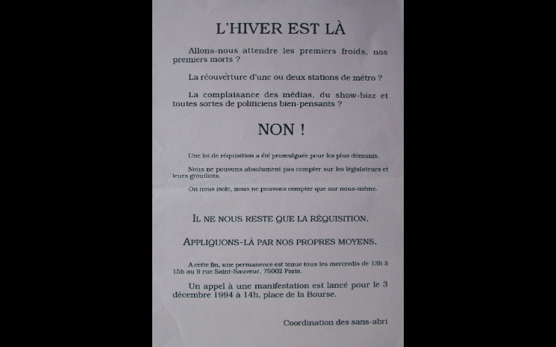 affiche réquisition, Coordination des sans-abris, Paris, 1994 